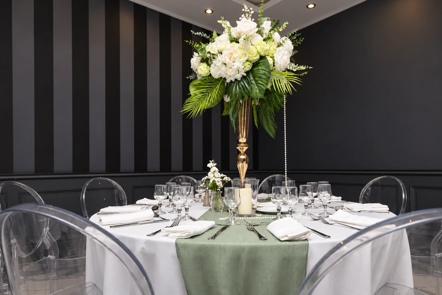 Table de réception avec bouquet de fleurs blanches, vase doré, chemin vert sauge et perles