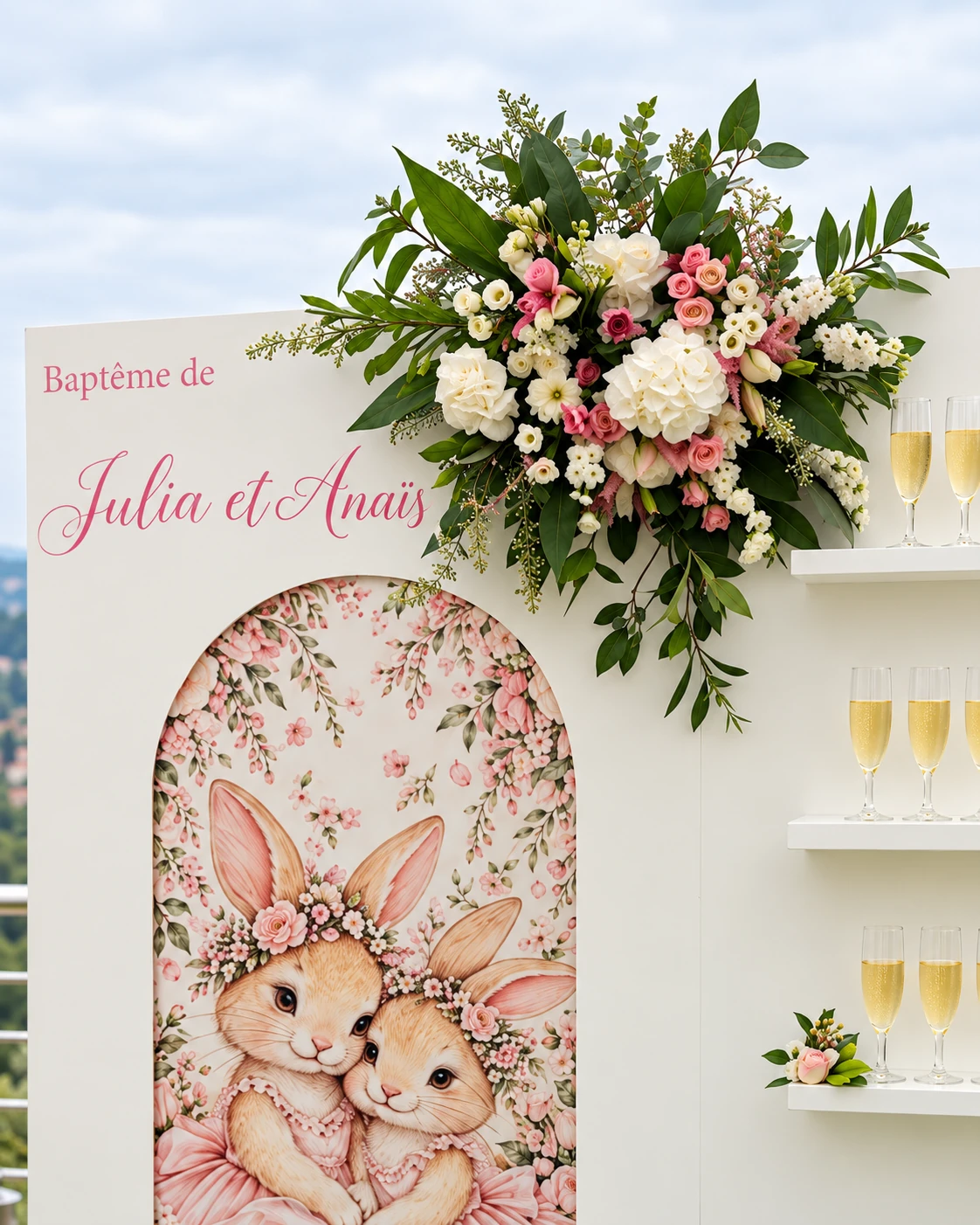 Prénoms Julia et Anaïs, lapines et grande composition florale rose et blanche