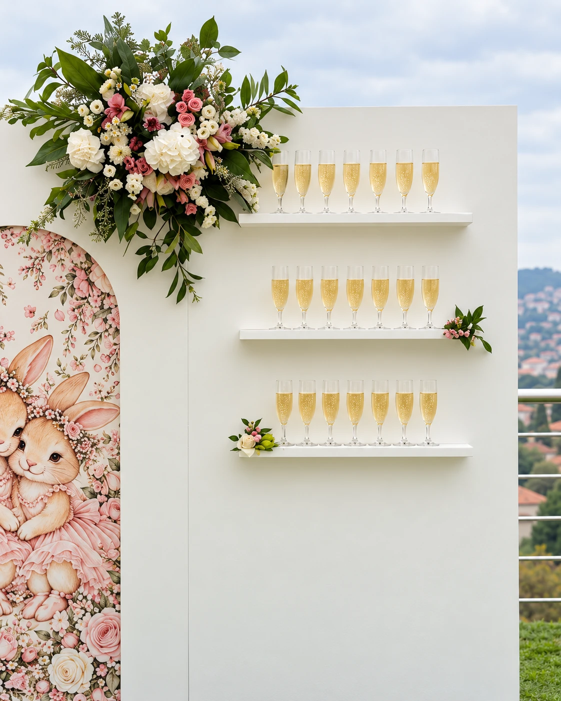Mur de champagne blanc avec trois étagères de flûtes remplies