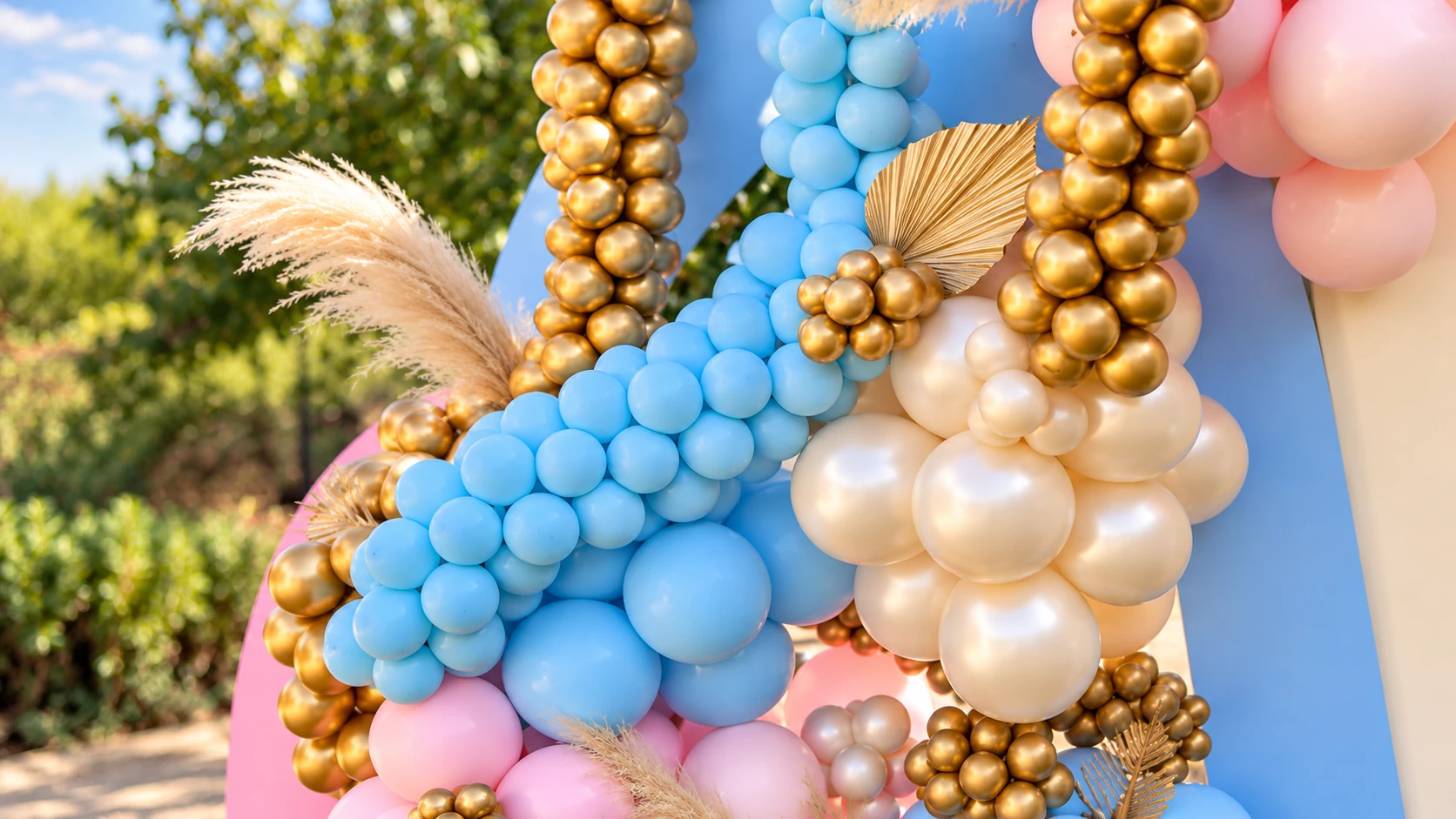Gros plan sur les ballons bleus, crème et dorés de la gender reveal