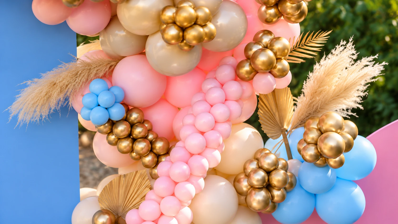 Gros plan sur la guirlande de ballons roses et dorés