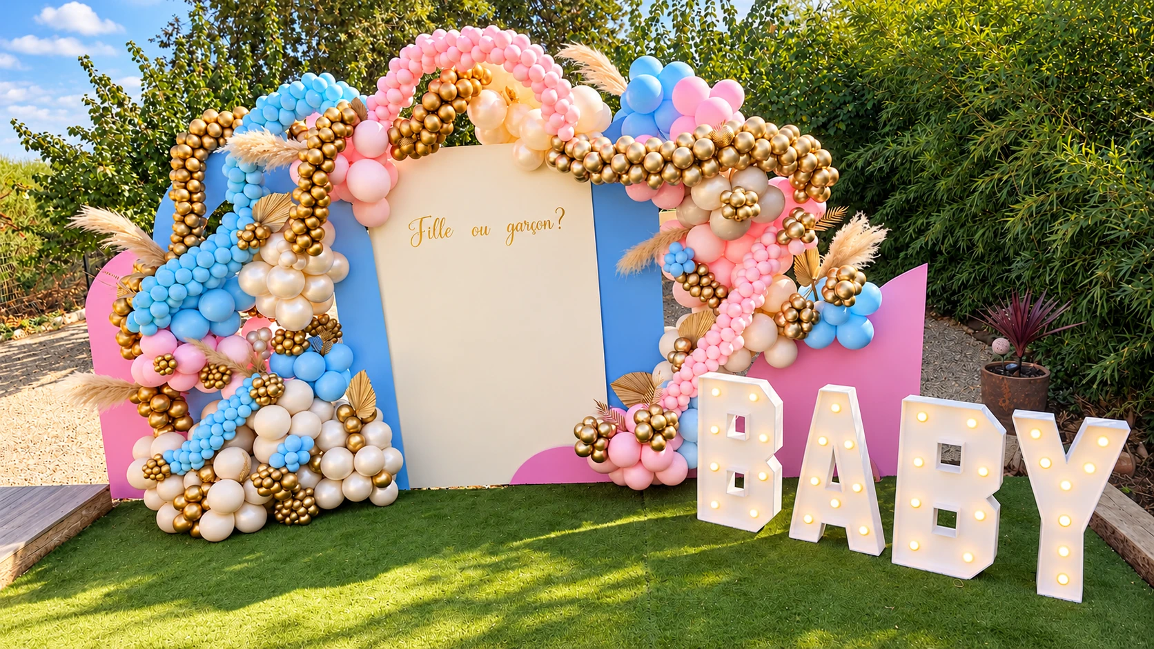 Grande scénographie de gender reveal rose, bleu et or avec lettres BABY éclairées