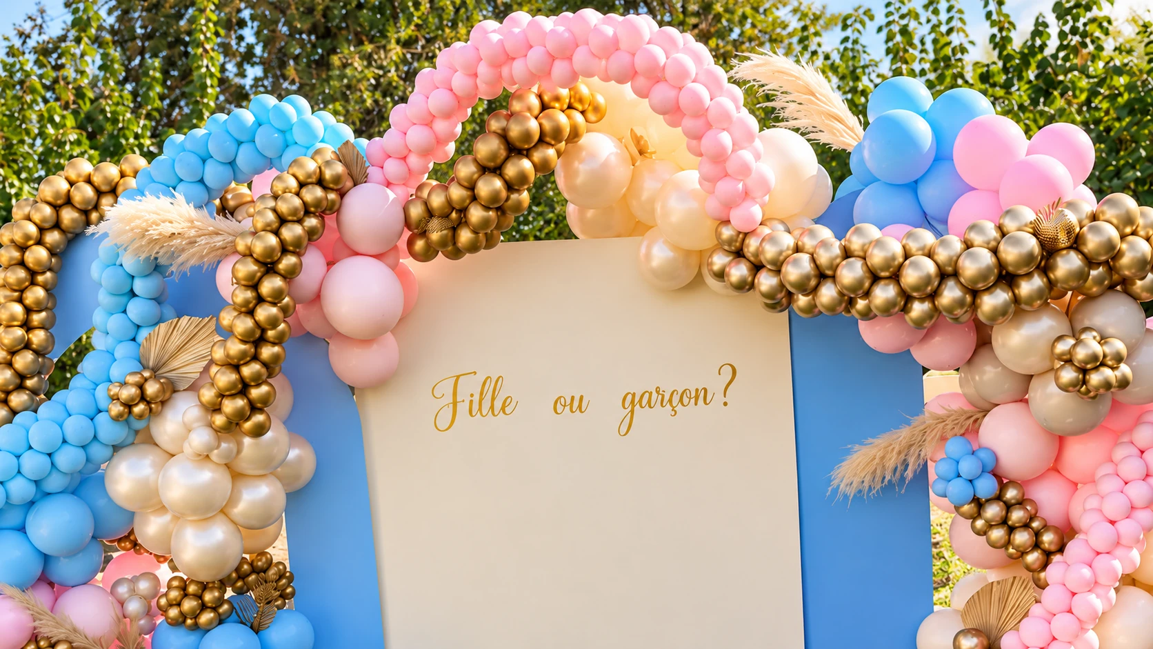 Inscription Fille ou garçon sur le panneau central de la gender reveal