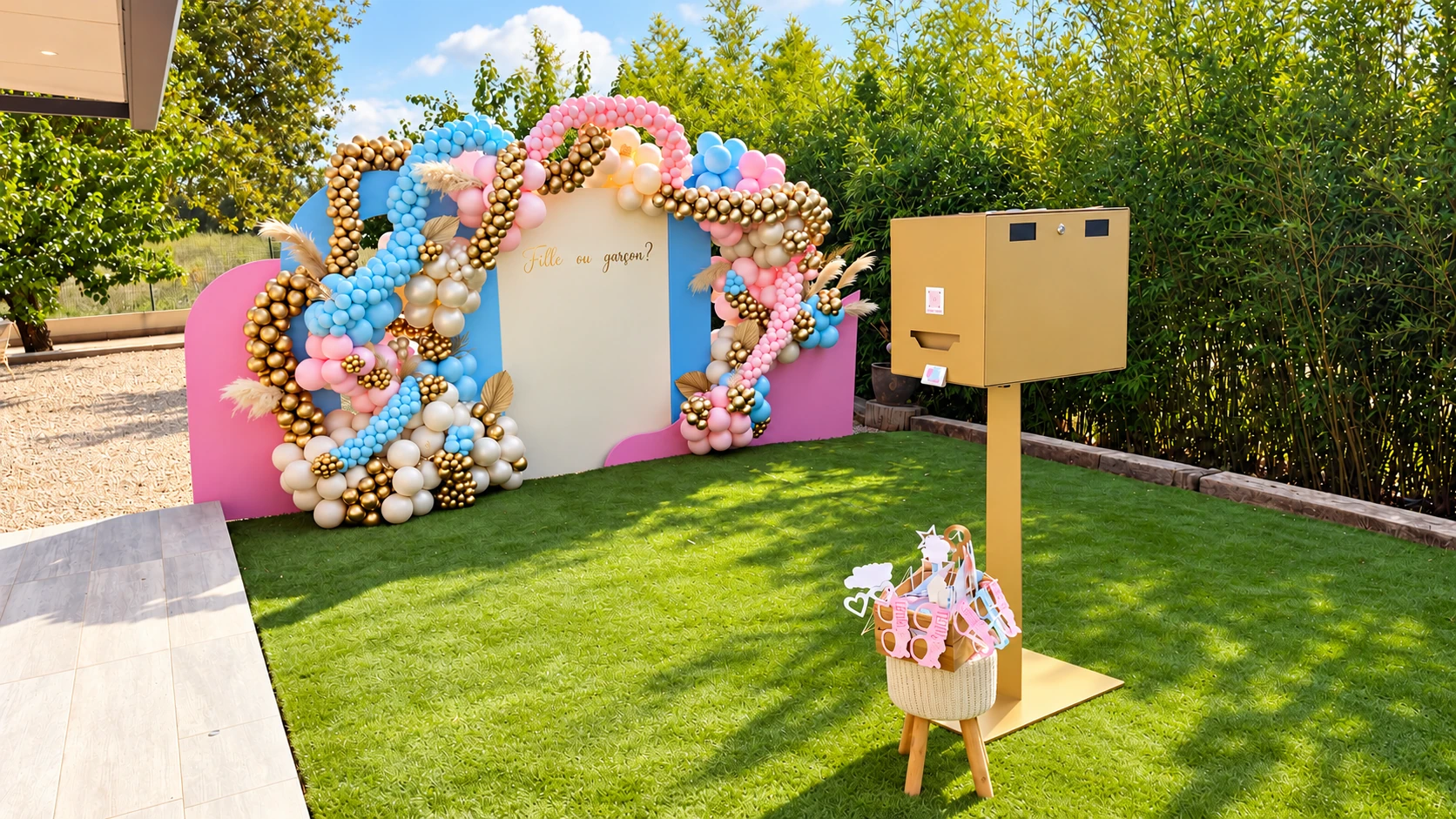 Photobooth doré avec son pied et vue complète du décor de gender reveal